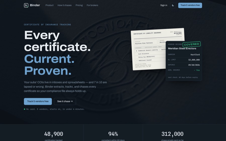 Binder — certificate of insurance tracking dashboard